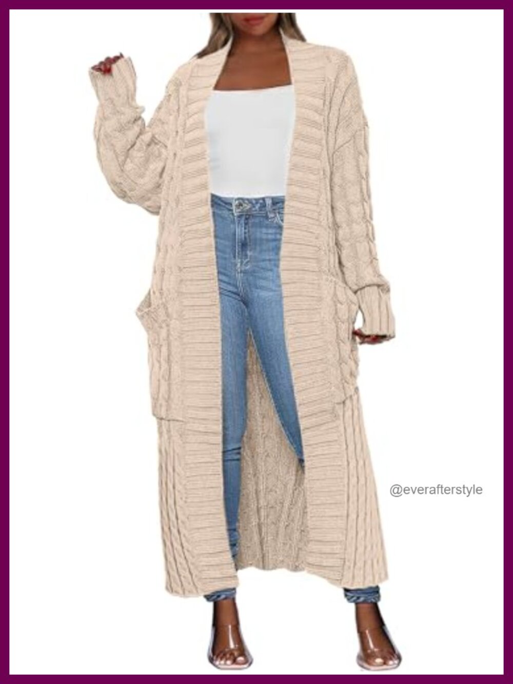 Long Open Front Cable Knit Cardigan Sweater Coat with Pockets